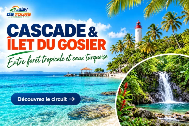 Excursion DS TOURS « Cascade & Îlet du Gosier » : vue sur l’îlet et son phare, avec une cascade entourée de forêt tropicale.